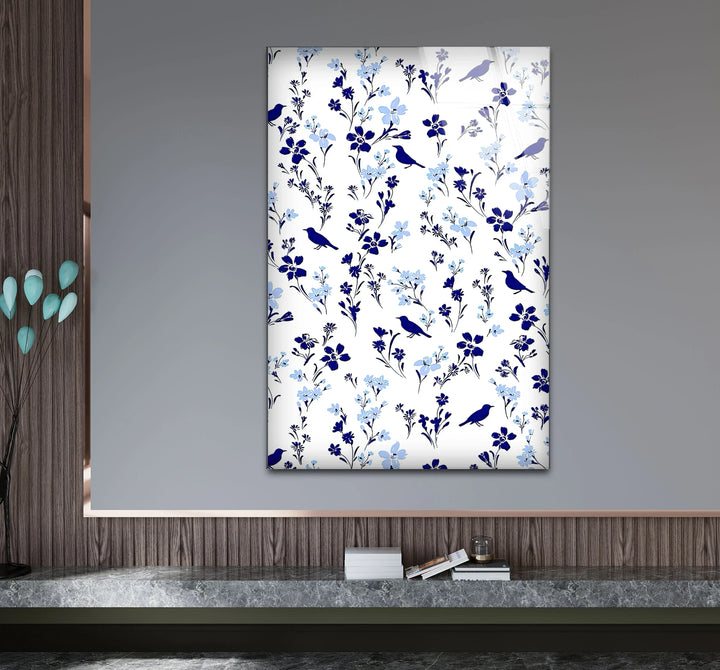 Blue Bird and Wildflower Pattern Wall Art – Elegant Floral Glass Print for Nature Lovers - MyPhotoStation