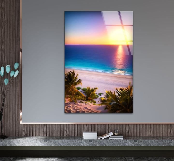 Tropischer Strand Sonnenuntergang Wandkunst – Lebendiger Ozeanhorizont Glasdruck