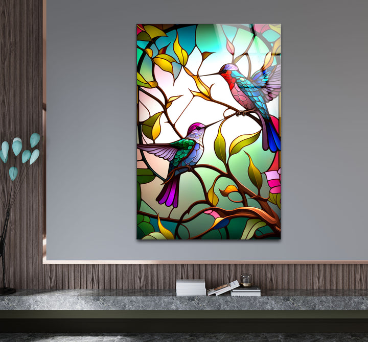 Hummingbirds Stained Glass Wall Art – Colorful Bird & Branch Glass Print