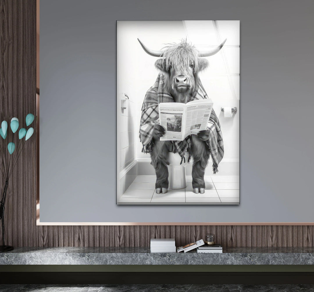 Plaid Highland Cow Bathroom Wall Art – Funny Black and White Glass Print for Rustic Decor - MyPhotoStation