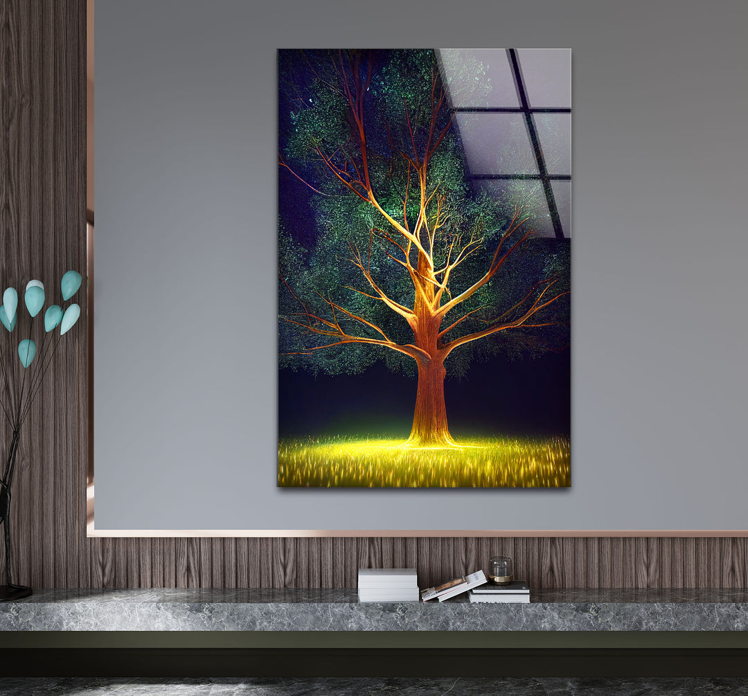 Leuchtende Baum-Wandkunst – Beleuchtetes Nachtwald-Glasdruckdesign
