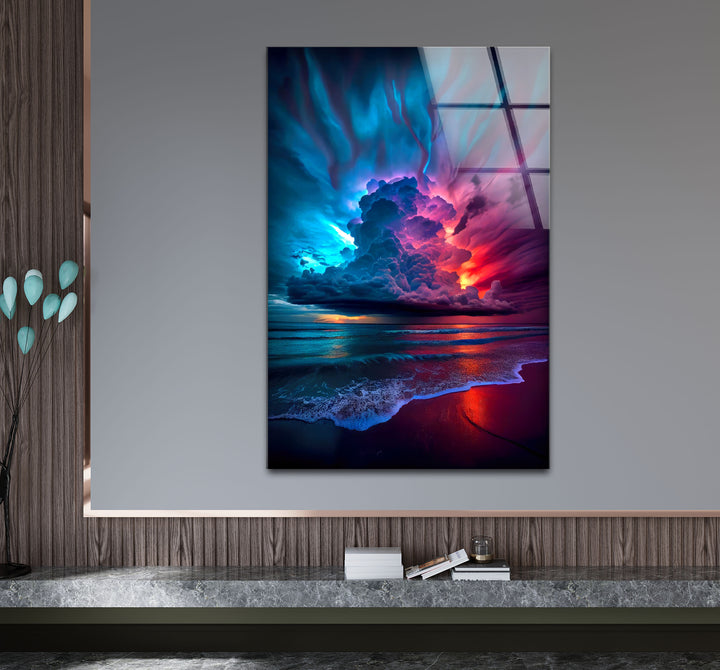 Wandkunst mit stürmischem Strandsonnenuntergang – Lebendiges Himmel- und Ozean-Glasdruckdesign