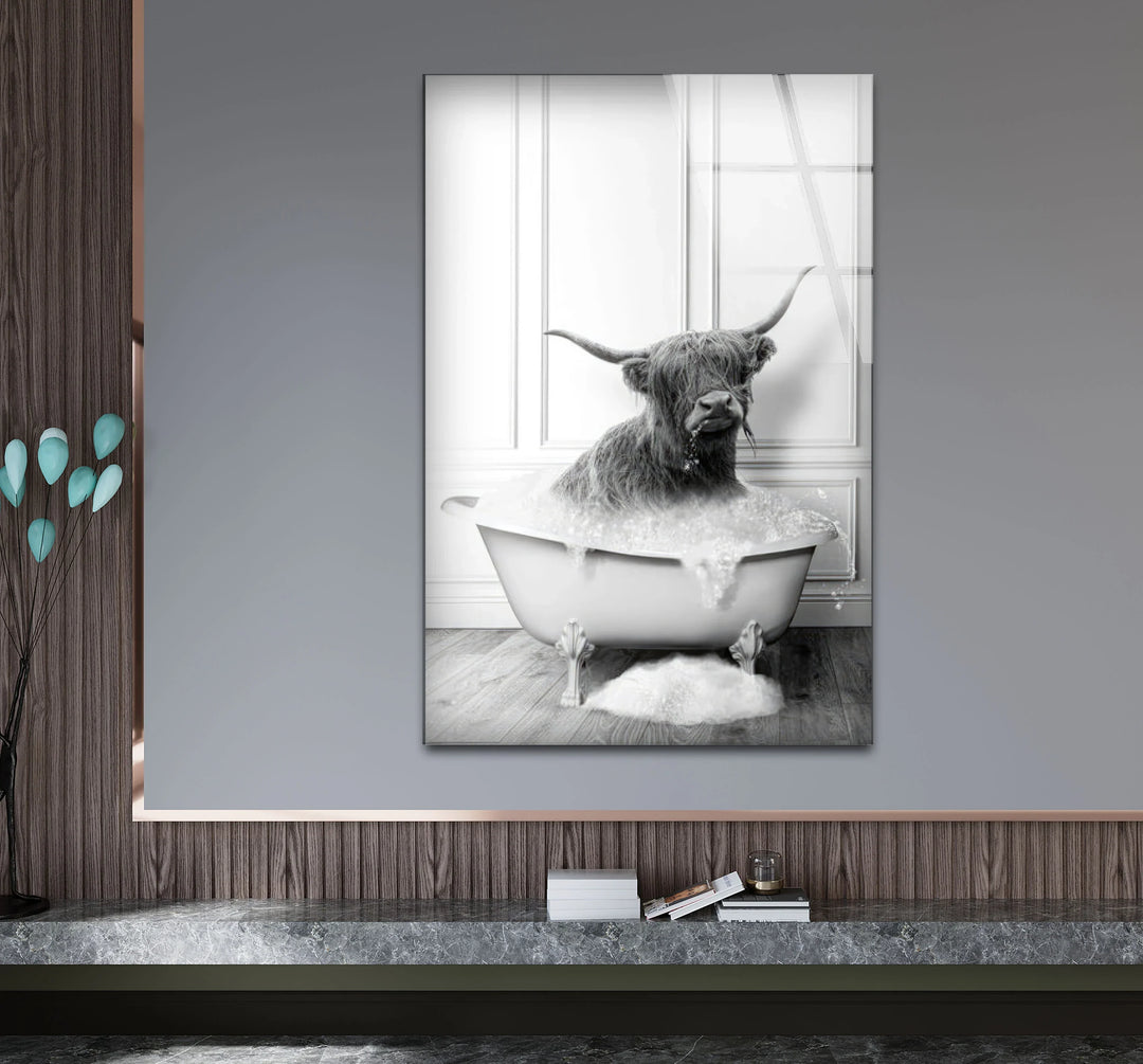 Highland Cow Bubble Bath Wall Art – Funny Black and White Glass Print for Bathroom Decor - MyPhotoStation
