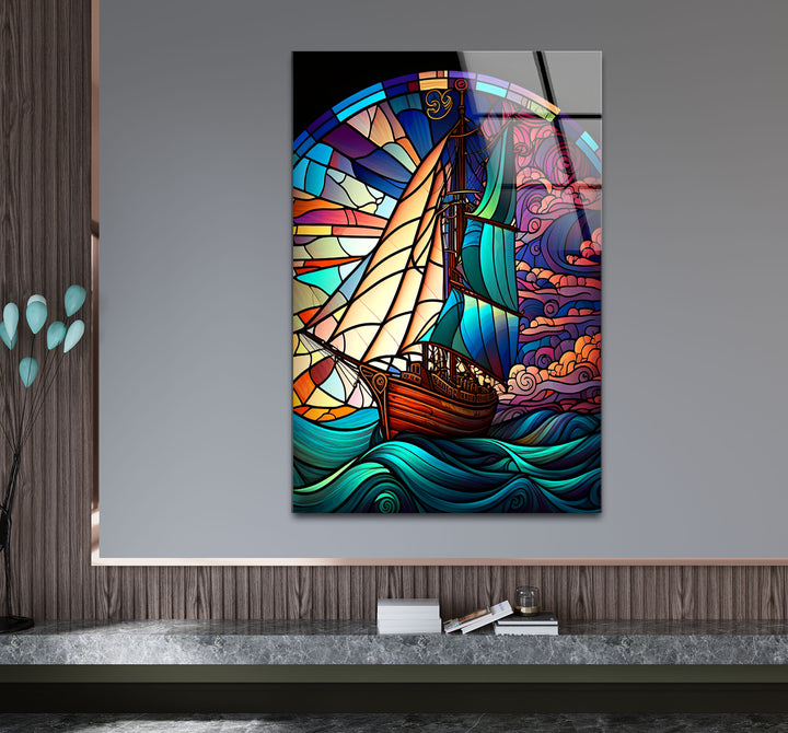 Segelschiff Buntglas Wandkunst – Maritimer Ozeanwellen-Glasdruck