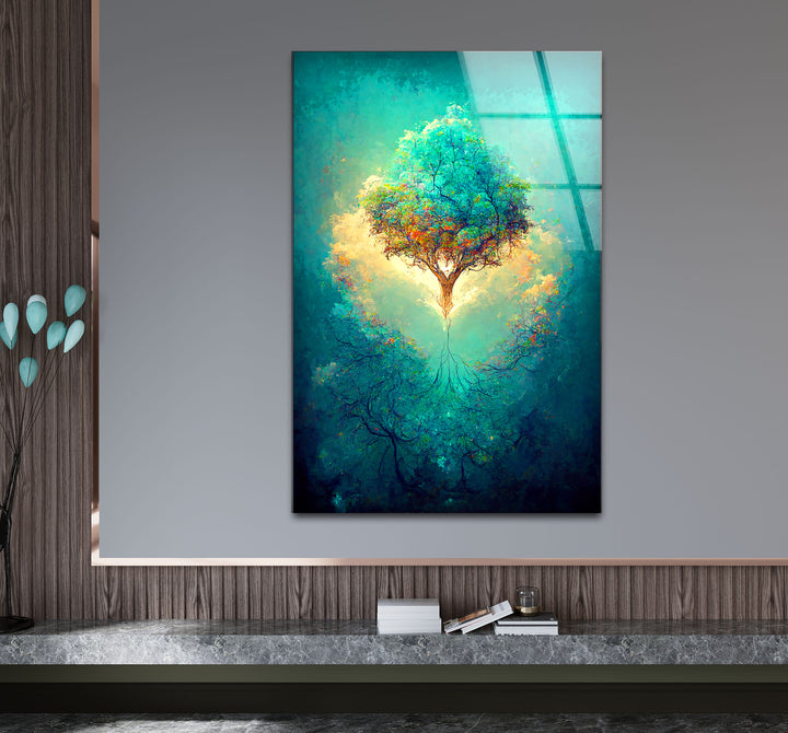 Schwebender Lebensbaum Wandkunst – Leuchtende Wurzeln Fantasy Glasdruck