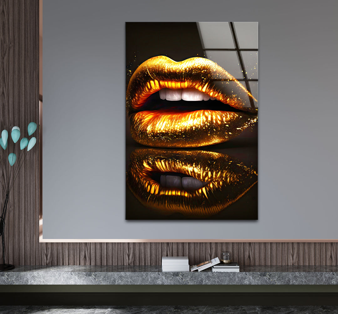 Goldene Lippen Wandkunst – Glamouröses funkelndes Mund-Glasdruck-Design