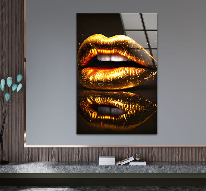 Goldene Lippen Wandkunst – Glamouröses funkelndes Mund-Glasdruck-Design