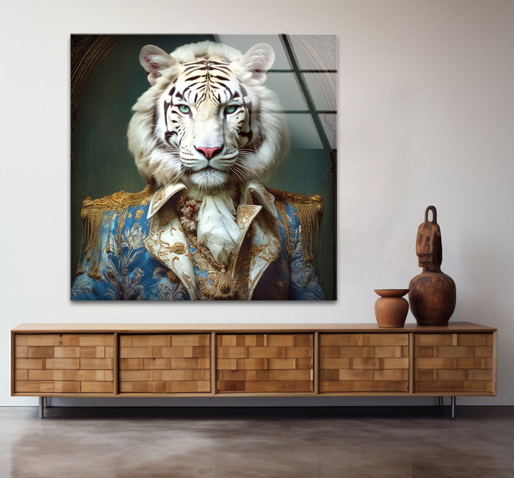 Königliches weißes Tigerporträt als Wandkunst – Kunstwerk im königlichen Tierkostüm