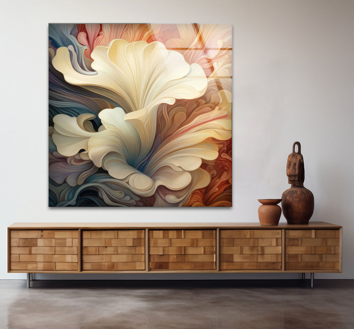 Abstract Floral Swirl Wall Art – Elegant Beige and Coral Glass Print for Modern Interiors