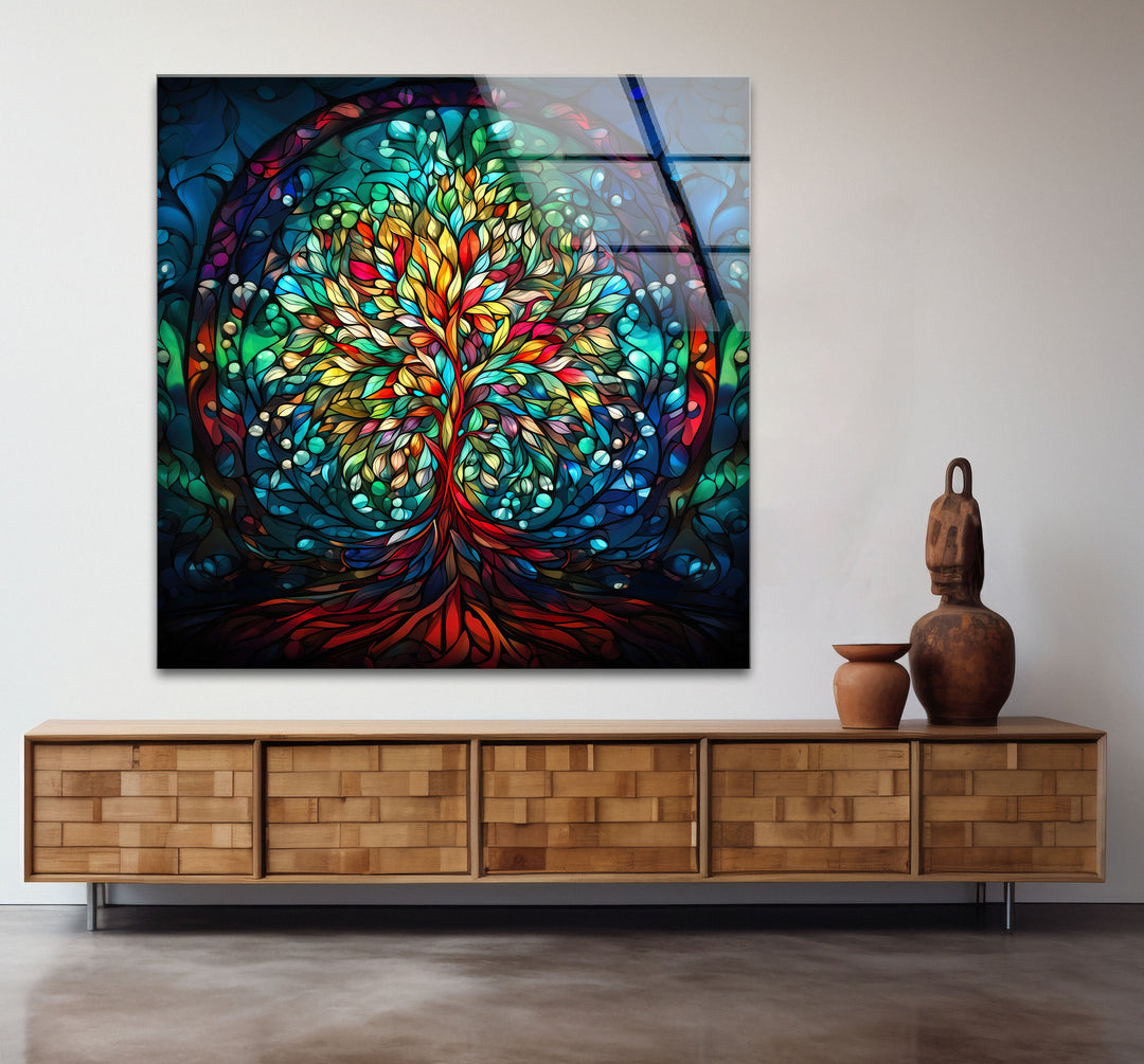 Baum des Lebens Buntglas-Wandkunst – Farbenfrohes vertikales Glasdruckdesign