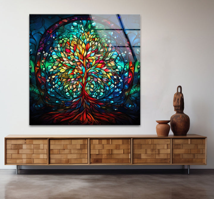 Baum des Lebens Buntglas-Wandkunst – Farbenfrohes vertikales Glasdruckdesign