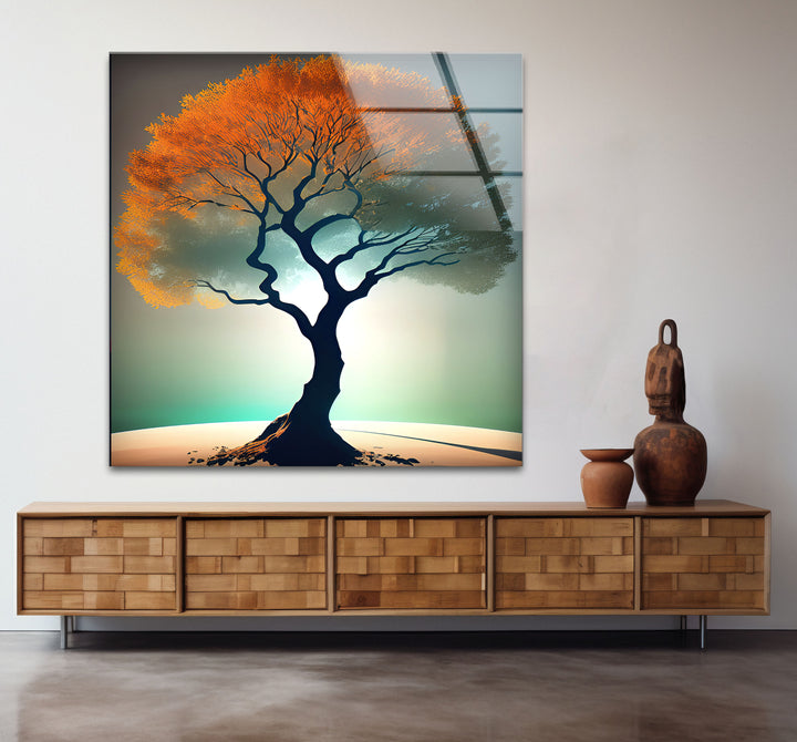 Minimalistische Wandkunst mit Lebensbaum – Orangefarbenes Kronenglas-Druckdesign