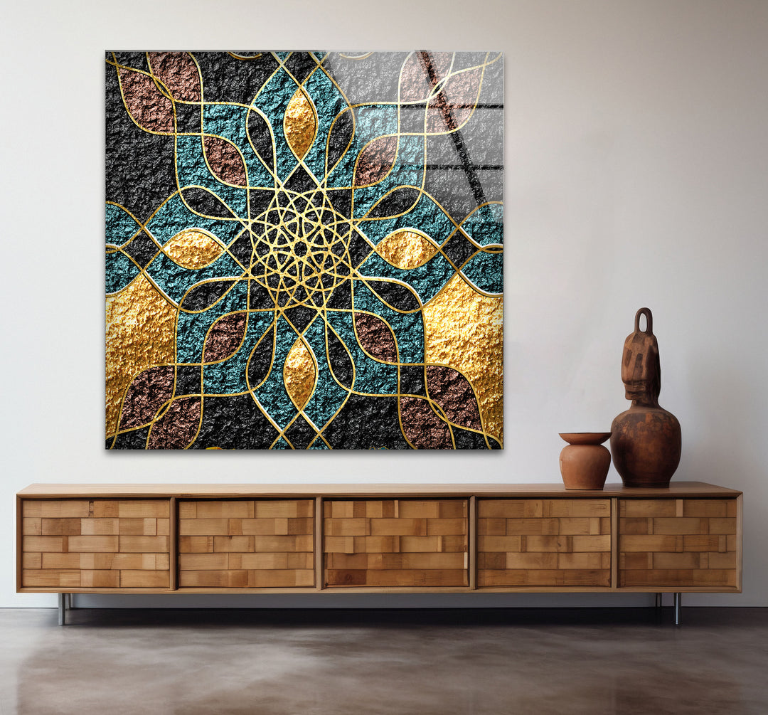 Goldene Mandala-Wandkunst – Geometrisches blaugrünes und schwarzes Muster-Glasdruckdesign
