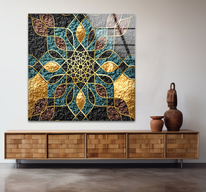 Goldene Mandala-Wandkunst – Geometrisches blaugrünes und schwarzes Muster-Glasdruckdesign