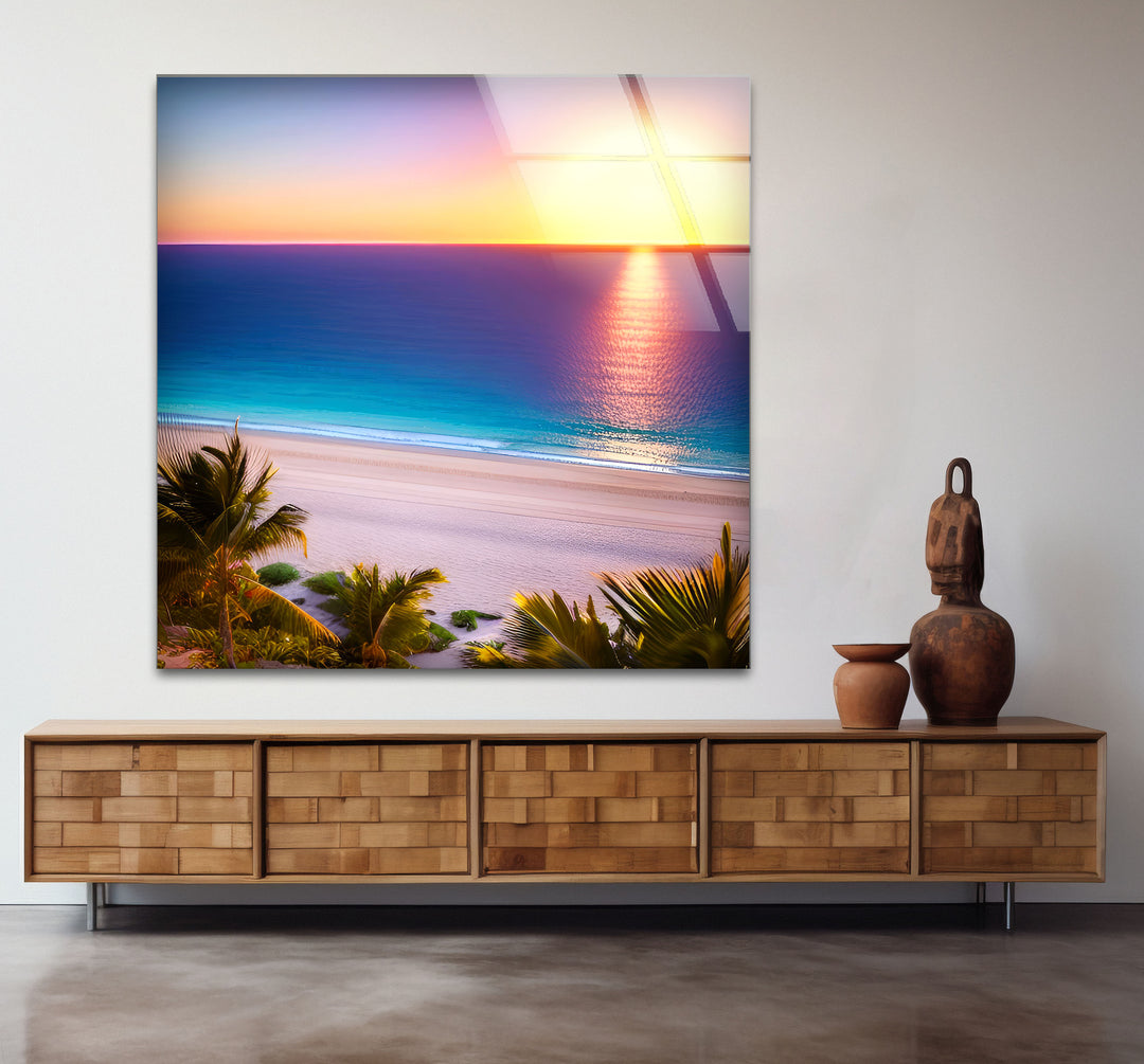 Tropischer Strand Sonnenuntergang Wandkunst – Lebendiger Ozeanhorizont Glasdruck