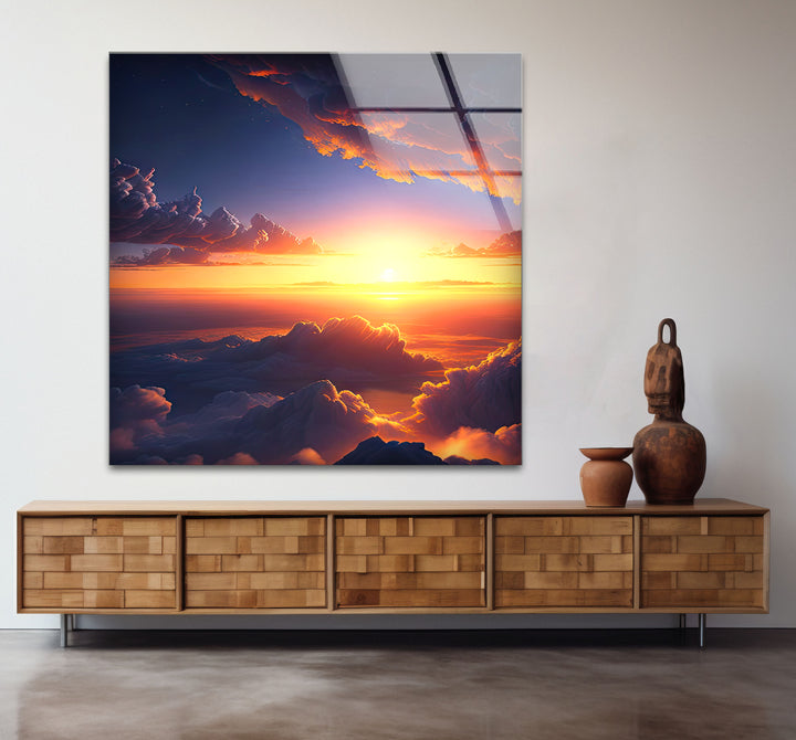 Wandkunst „Über den Wolken Sonnenuntergang“ – Glasdruckdesign „Verträumter Himmel leuchtet“