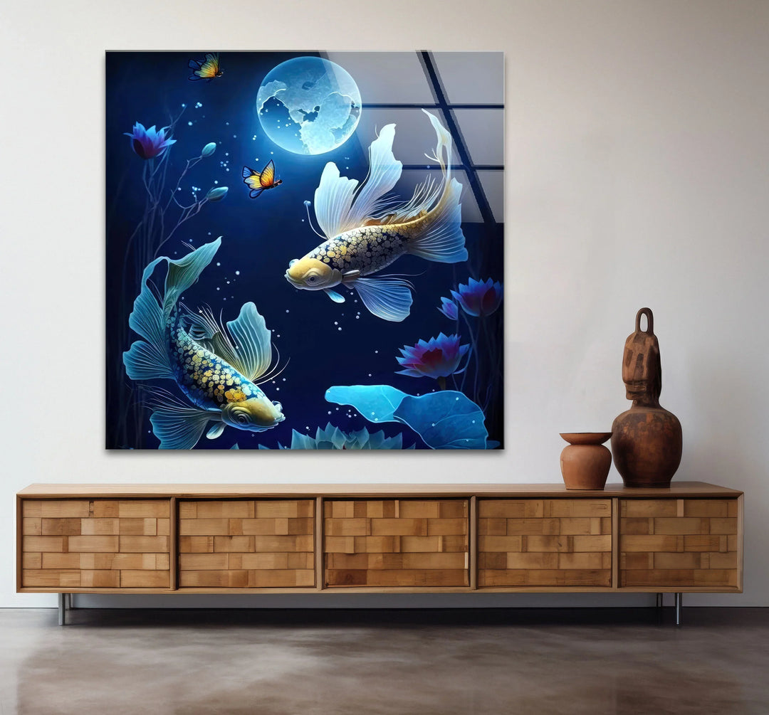 Moonlit Koi Fish and Lotus Wall Art – Tranquil Blue Glass Panel for Zen Decor