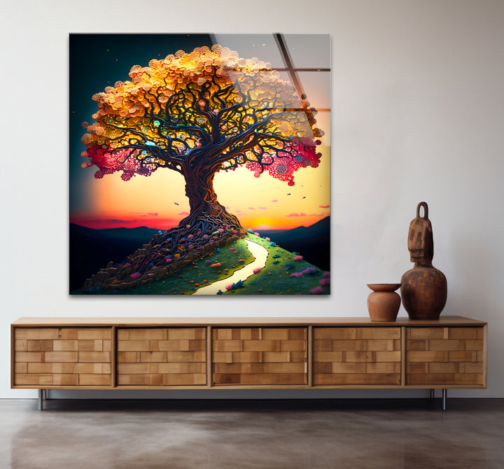 Verträumte Wandkunst mit Lebensbaum – Sonnenuntergangspfad, Fantasy-Glasdruck-Design