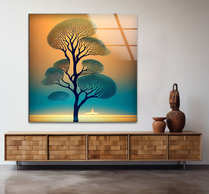 Serene Tree of Life Wall Art – Sailboat Sunset Glass Print Design