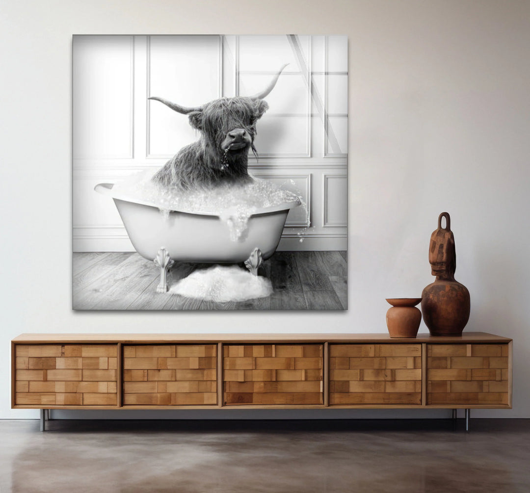 Highland Cow Bubble Bath Wall Art – Funny Black and White Glass Print for Bathroom Decor - MyPhotoStation