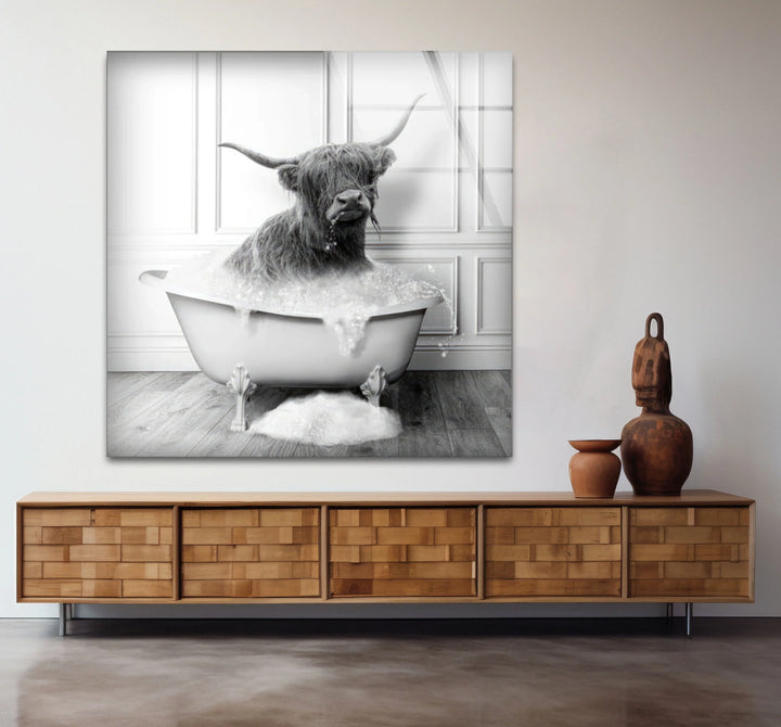 Highland Cow Bubble Bath Wall Art – Funny Black and White Glass Print for Bathroom Decor - MyPhotoStation