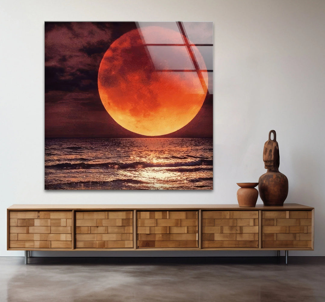 Red Moon Over Ocean Glass Wall Art – Dramatic Lunar Seascape Print for Bold Modern Decor - MyPhotoStation