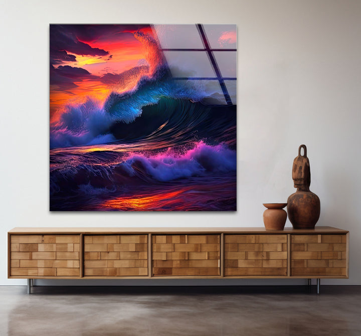 Wandkunst mit krachenden Wellen bei Sonnenuntergang – Dramatisches Ozean-Glasdruck-Design