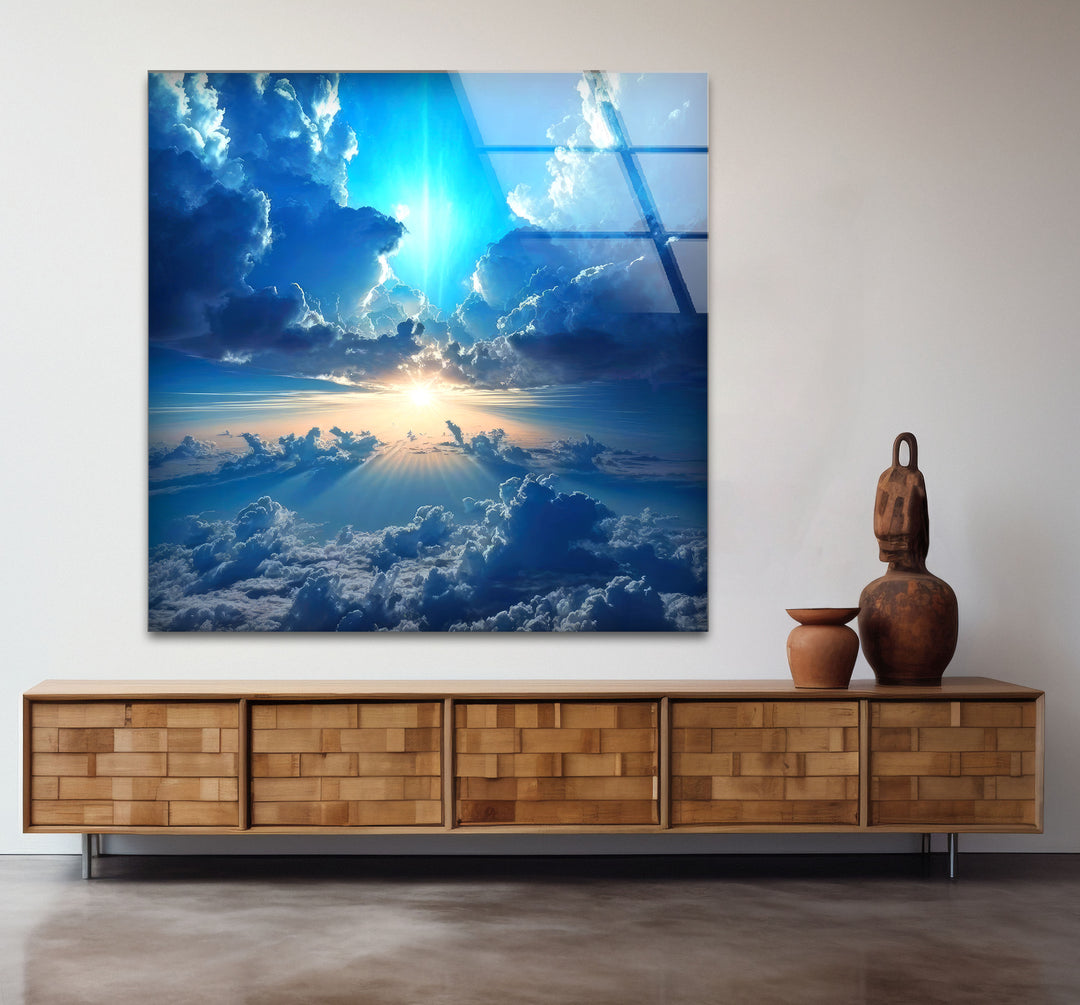 Himmlischer Himmel Wandkunst – Strahlende Wolken und Lichtstrahl Glasdruck