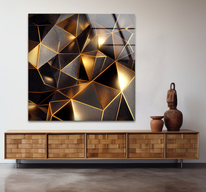Geometrische Goldprisma-Wandkunst – Luxuriöser abstrakter 3D-Glasdruck