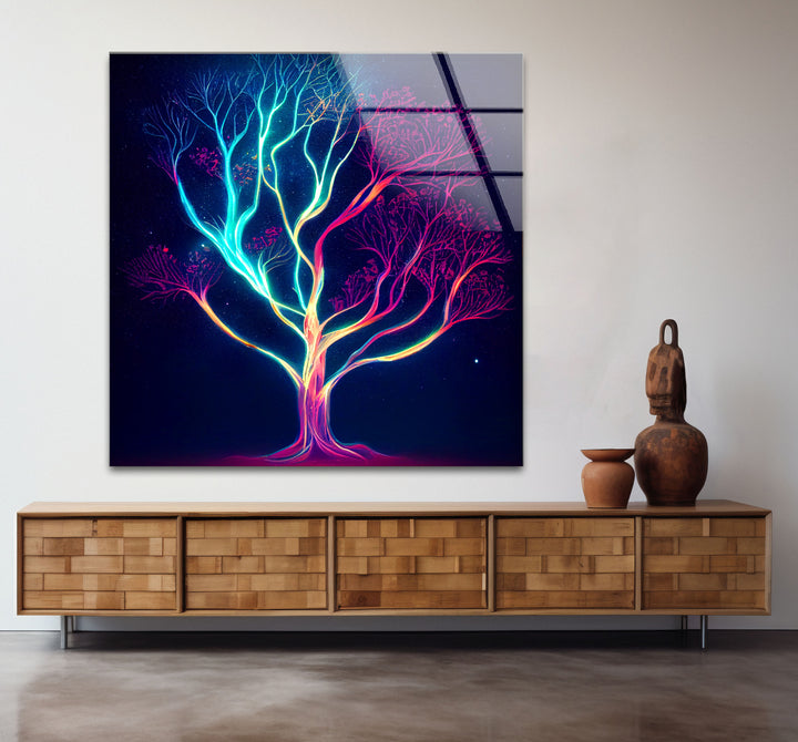 Neonbaum-Wandkunst – Kosmisches Nachtbaum-Glasdruckdesign