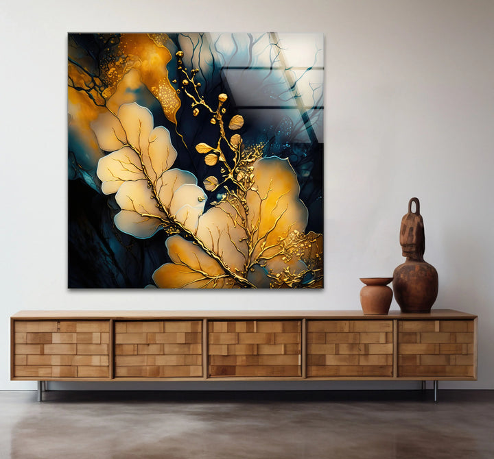 Golden Botanical Abstract Wall Art – Elegant Navy and Gold Glass Print for Luxe Interiors - MyPhotoStation
