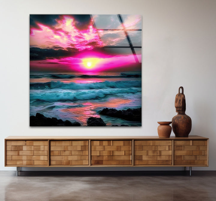 Lebendige Sonnenuntergang Ozean Wandkunst – Rosa Himmel &amp; Wellen Glasdruck-Design