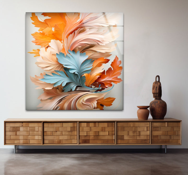 Autumn Leaves Abstract Wall Art – Orange and Blue Botanical Glass Print for Seasonal Elegance