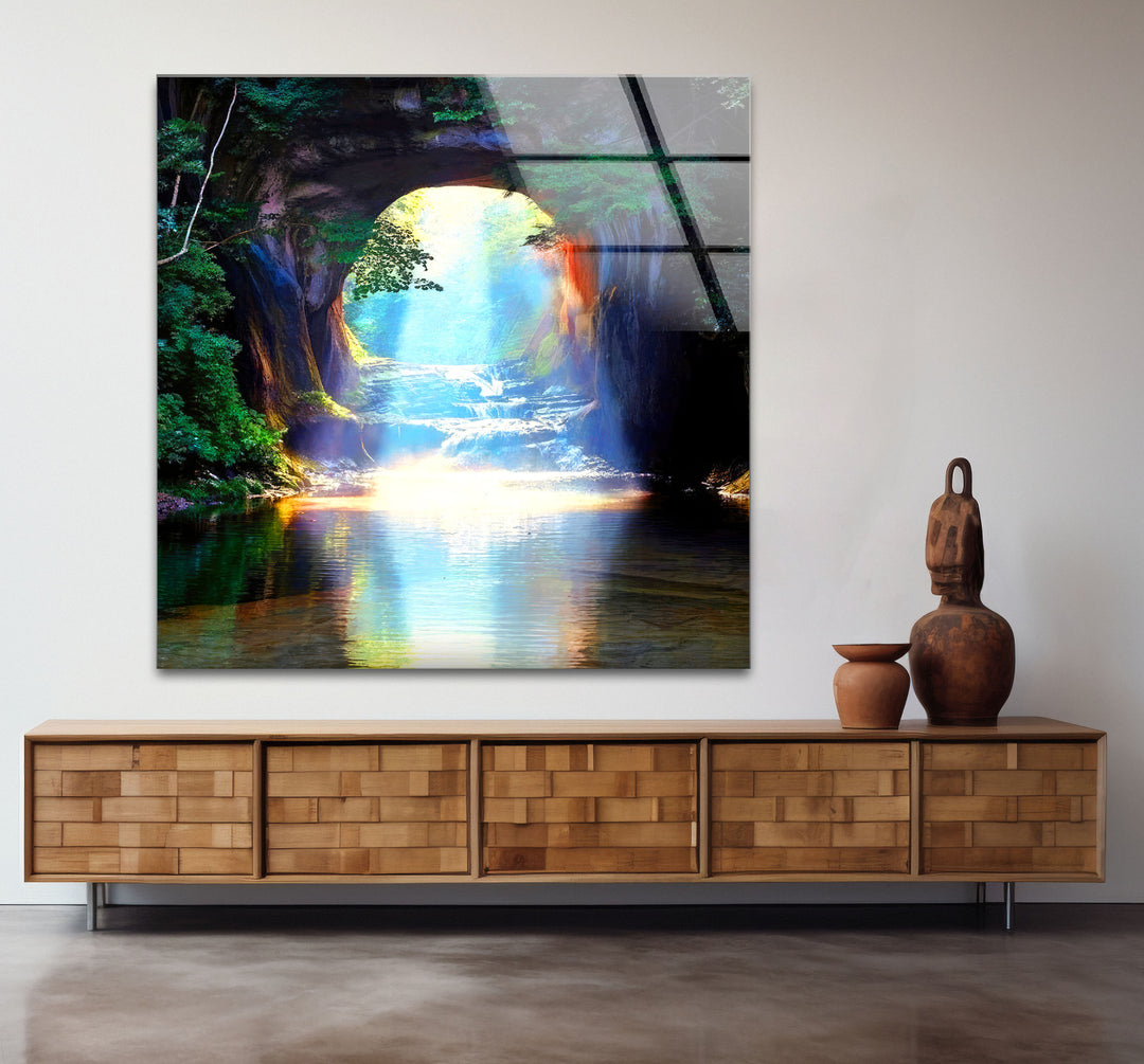 Waldlichttunnel-Wandkunst – Sonnenstrahlreflexions-Glasdruckdesign
