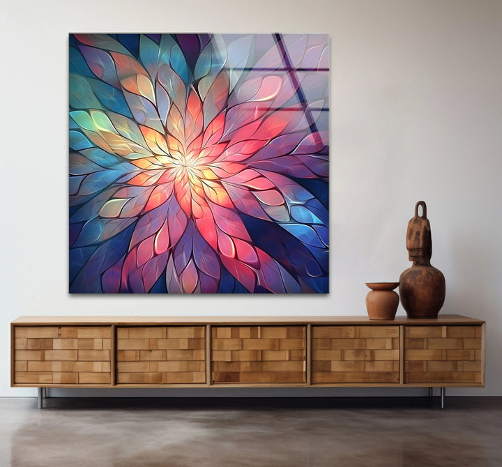 Radiant Mandala Flower Wall Art – Colorful Abstract Glass Print for Boho and Spiritual Decor - MyPhotoStation