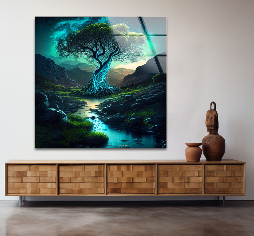Mystisch leuchtender Baum als Wandkunst – Verzauberter Nachtstrom als Glasdruck