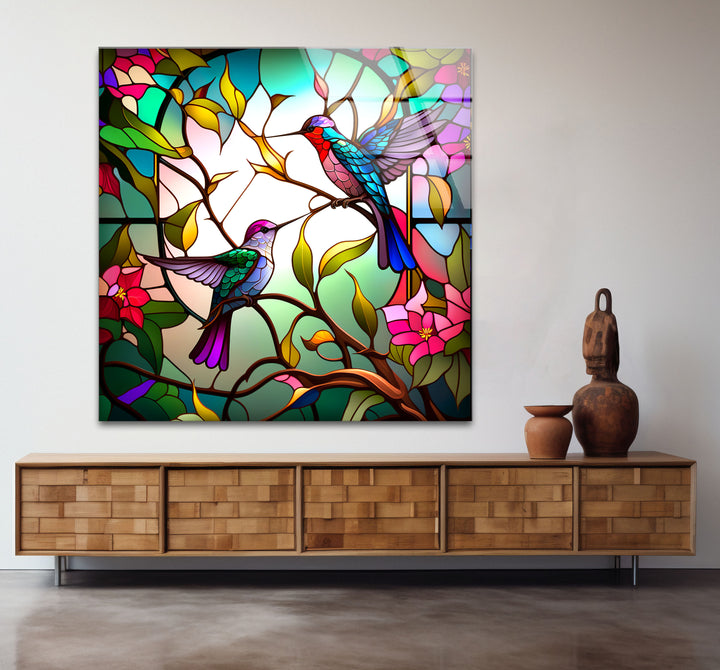 Hummingbirds Stained Glass Wall Art – Colorful Bird & Branch Glass Print