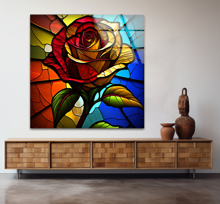 Rote Rose Buntglas-Wandkunst – Farbenfrohes florales Glasdruck-Design