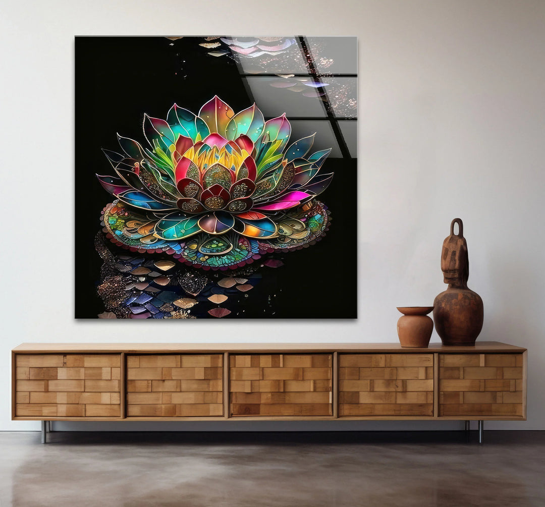 Radiant Lotus Flower Wall Art – Colorful Mandala Glass Print for Spiritual and Zen Decor - MyPhotoStation