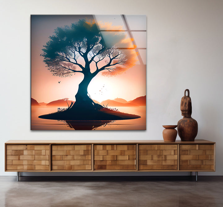 Sonnenuntergang Baum des Lebens Wandkunst – Silhouette Insel Glasdruck Dekor