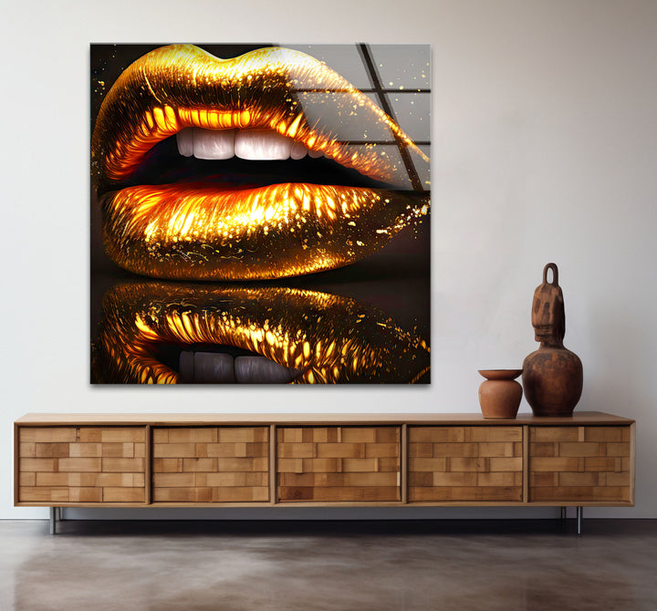 Goldene Lippen Wandkunst – Glamouröses funkelndes Mund-Glasdruck-Design