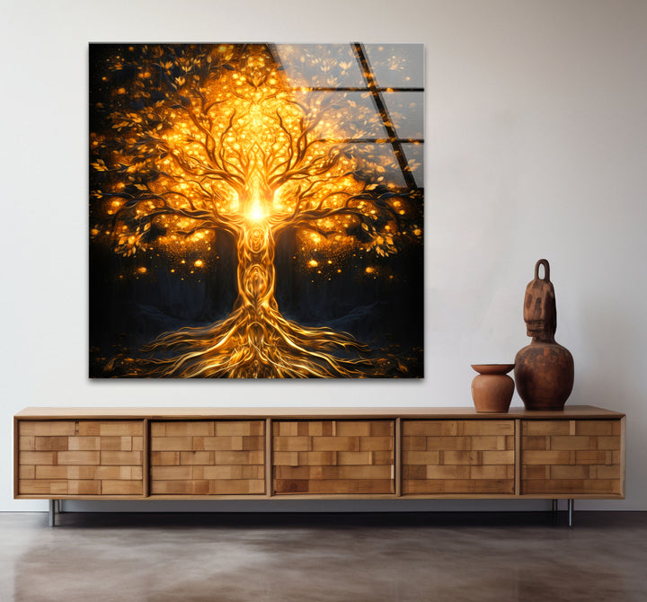 Goldene Fantasiebaum-Wandkunst – Beleuchtetes abstraktes Glasdruckdesign