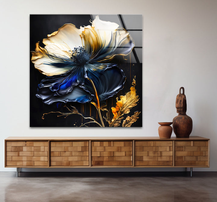 Blue and Gold Floral Wall Art – Elegant Dark Botanical Glass Print for Modern Luxury Decor