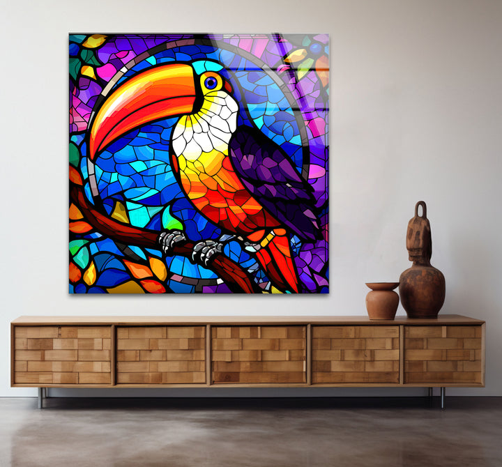Tukan-Wandkunst aus Buntglas – Lebendiges Glasdruckdesign mit tropischem Vogel