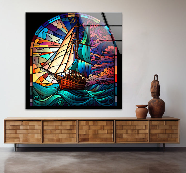 Segelschiff Buntglas Wandkunst – Maritimer Ozeanwellen-Glasdruck