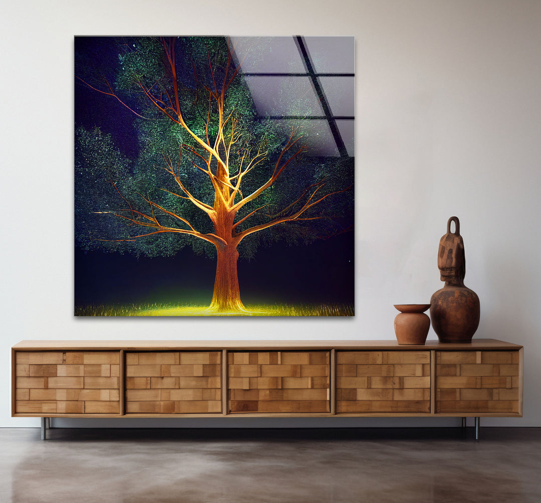 Leuchtende Baum-Wandkunst – Beleuchtetes Nachtwald-Glasdruckdesign