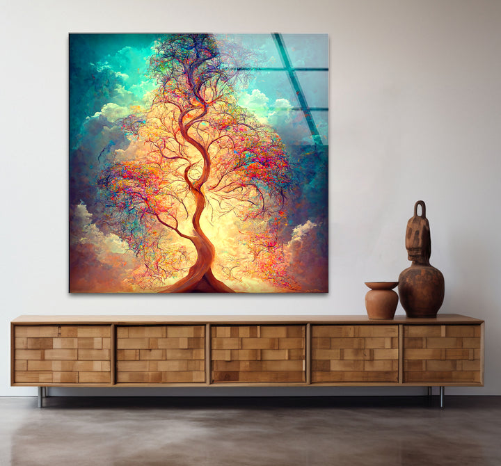 Strahlender Lebensbaum Wandkunst – Ätherisches Licht Fantasy Glasdruck