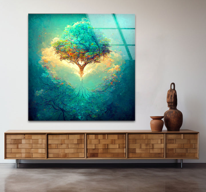 Schwebender Lebensbaum Wandkunst – Leuchtende Wurzeln Fantasy Glasdruck
