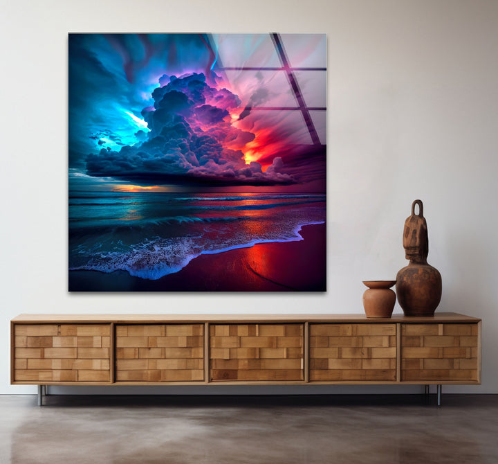 Wandkunst mit stürmischem Strandsonnenuntergang – Lebendiges Himmel- und Ozean-Glasdruckdesign