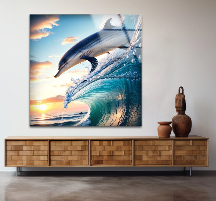 Jumping Dolphin Glass Wall Art – Ocean Wave Sunset Scene for Coastal Decor - MyPhotoStation